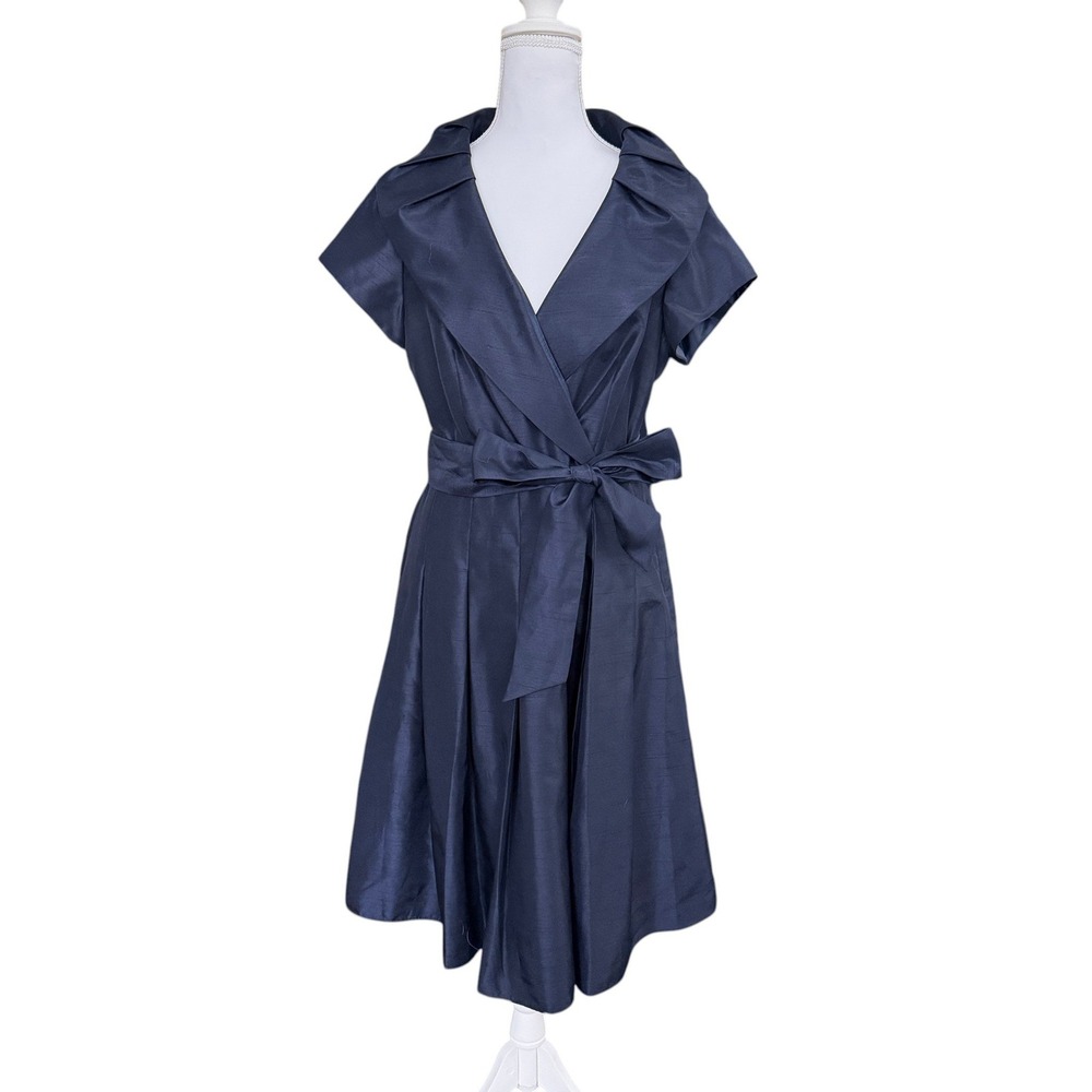 Eliza J Navy Taffeta Portrait Collar Fit Flare Dress M Navy Blue Wedding - Picture 1 of 10